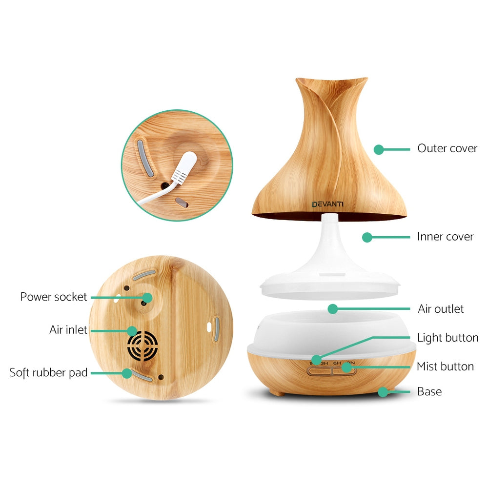Light Wood Grain Vase Style 7-Colour LED Aroma Diffuser 400ml - Homecoze
