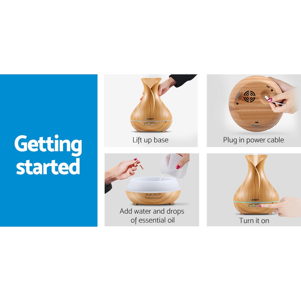 Light Wood Grain Vase Style 7-Colour LED Aroma Diffuser 400ml - Homecoze