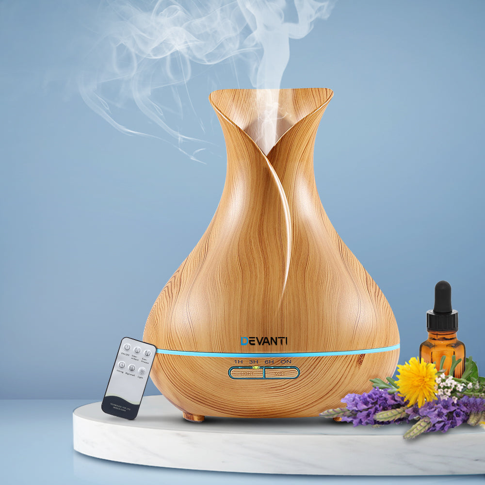 Light Wood Grain Vase Style 7-Colour LED Aroma Diffuser 400ml Homecoze