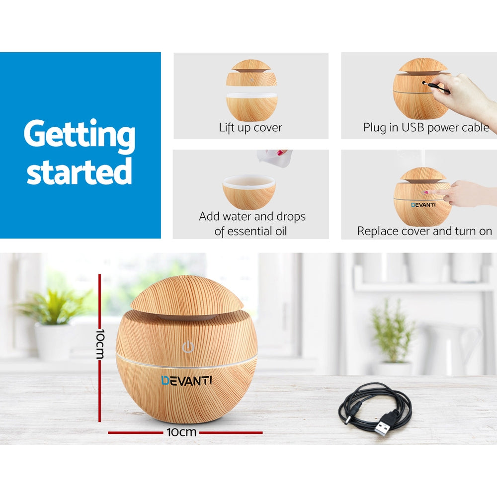 Light Wood Grain Mini USB 7-Colour LED Aroma Diffuser 130ml - Homecoze