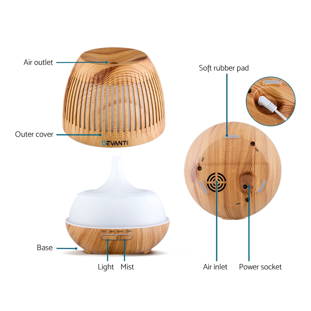 Light Wood Grain Pattern 7-Colour LED Aroma Diffuser 400ml - Homecoze