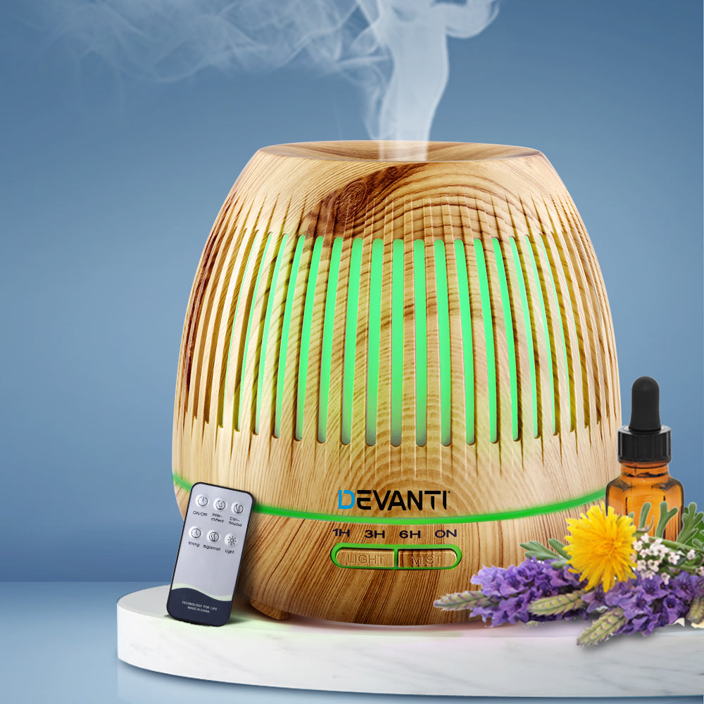 Light Wood Grain Pattern 7-Colour LED Aroma Diffuser 400ml Homecoze