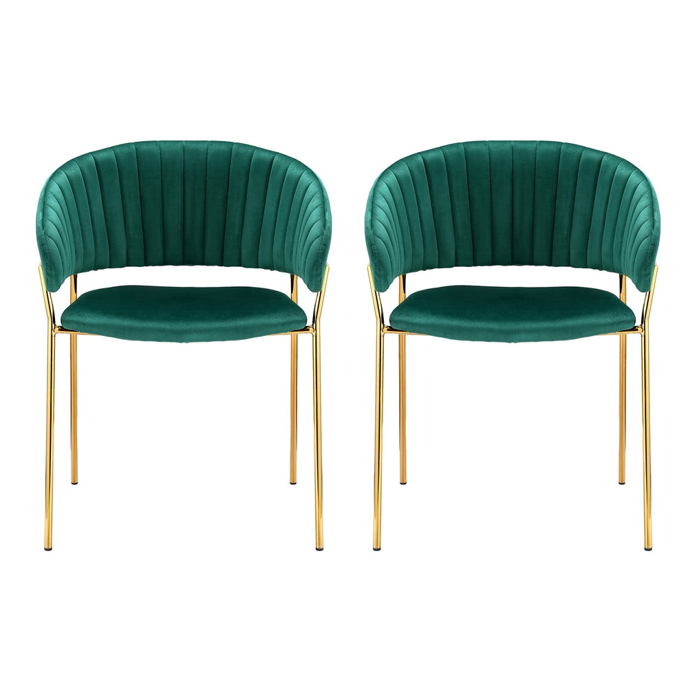 Set of 2 Elegant Dining Chairs Velvet Fabric with Gold Legs - Green