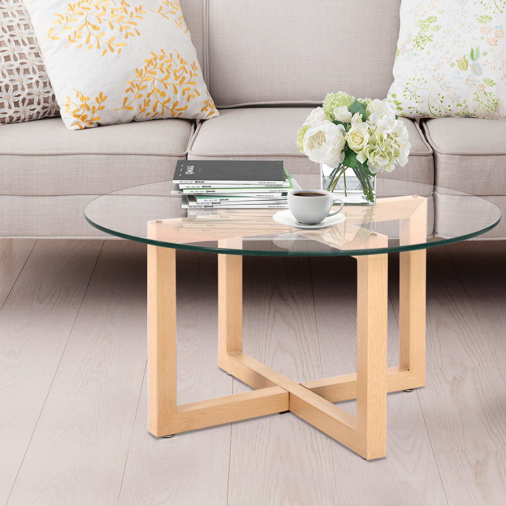 Modern Tempered Glass Round 80cm Coffee Table - Beige Homecoze