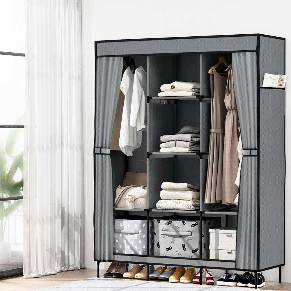 Clothes Wardrobe Closet Storage Large DIY Portable Temporary Organizer with Shelf - Grey