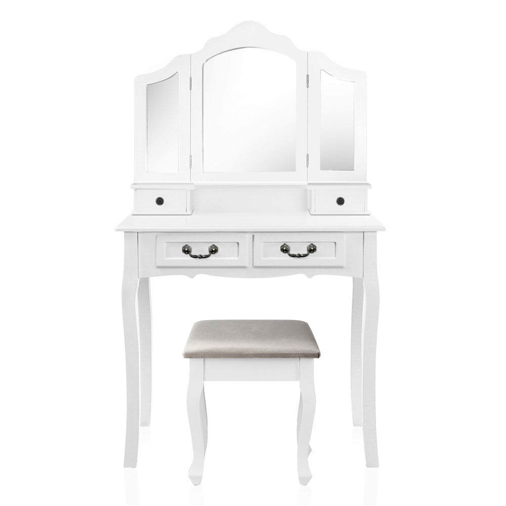 Provincial Style Dressing Table with Foldable Mirror & Stool - White Homecoze