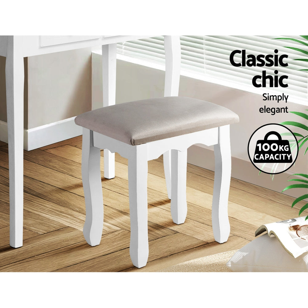 Dressing Table Stool - White & Velvet Fabric Grey - Homecoze