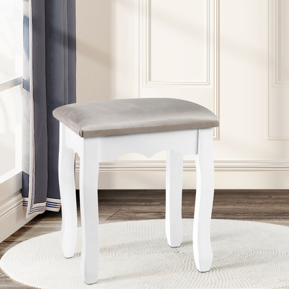 Dressing Table Stool - White & Velvet Fabric Grey Homecoze