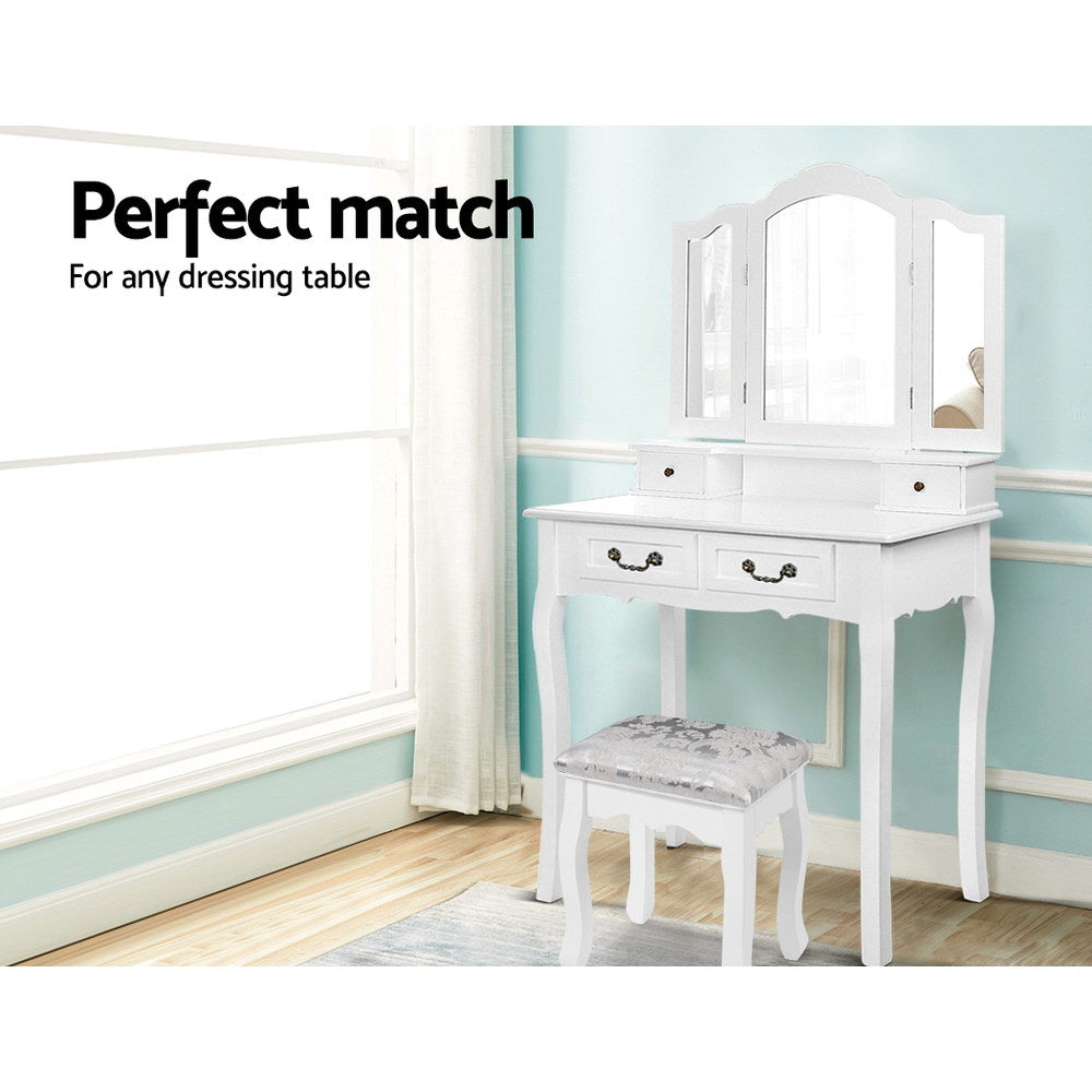 Dressing Table Stool - White & Patterned Linen Fabric - Homecoze