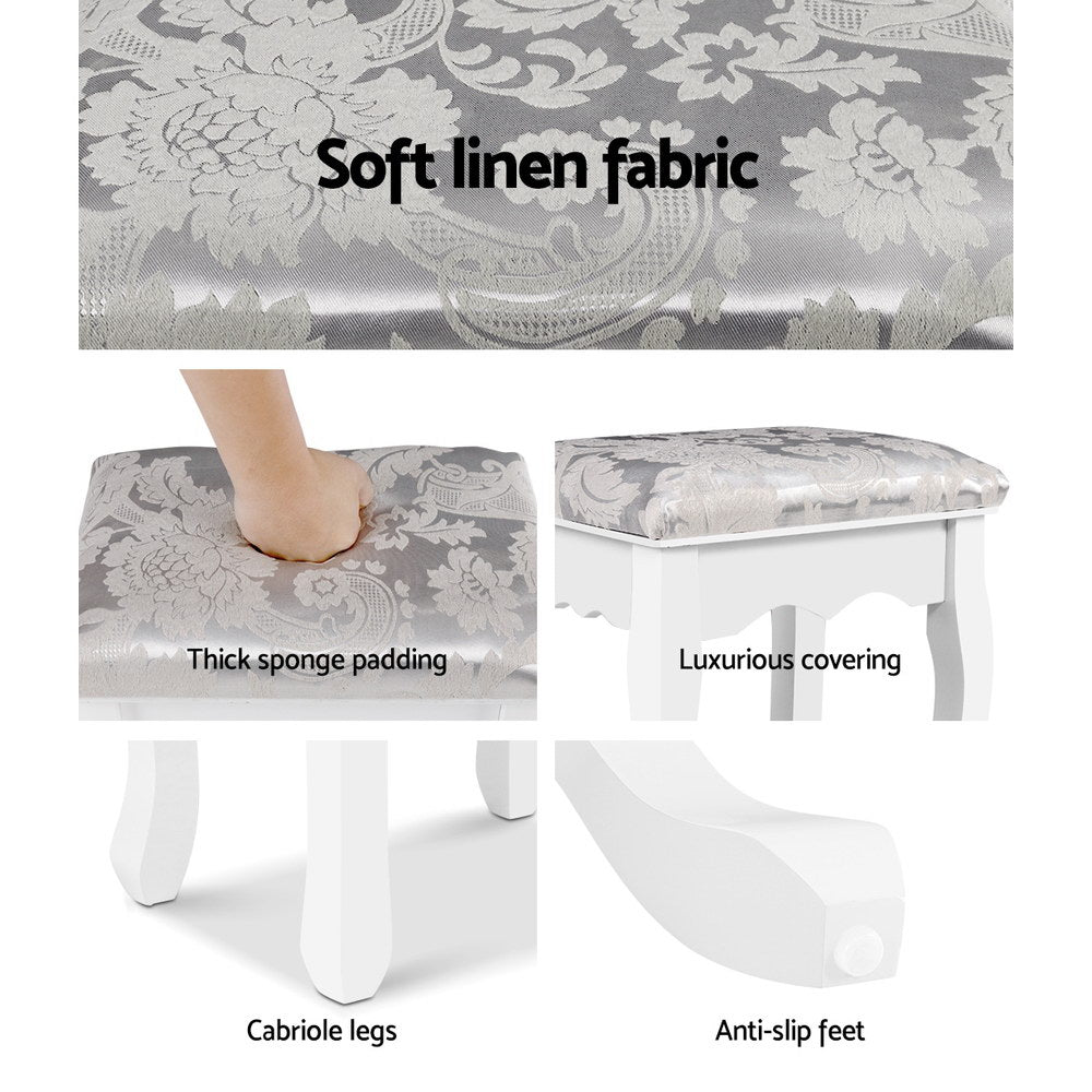 Dressing Table Stool - White & Patterned Linen Fabric - Homecoze