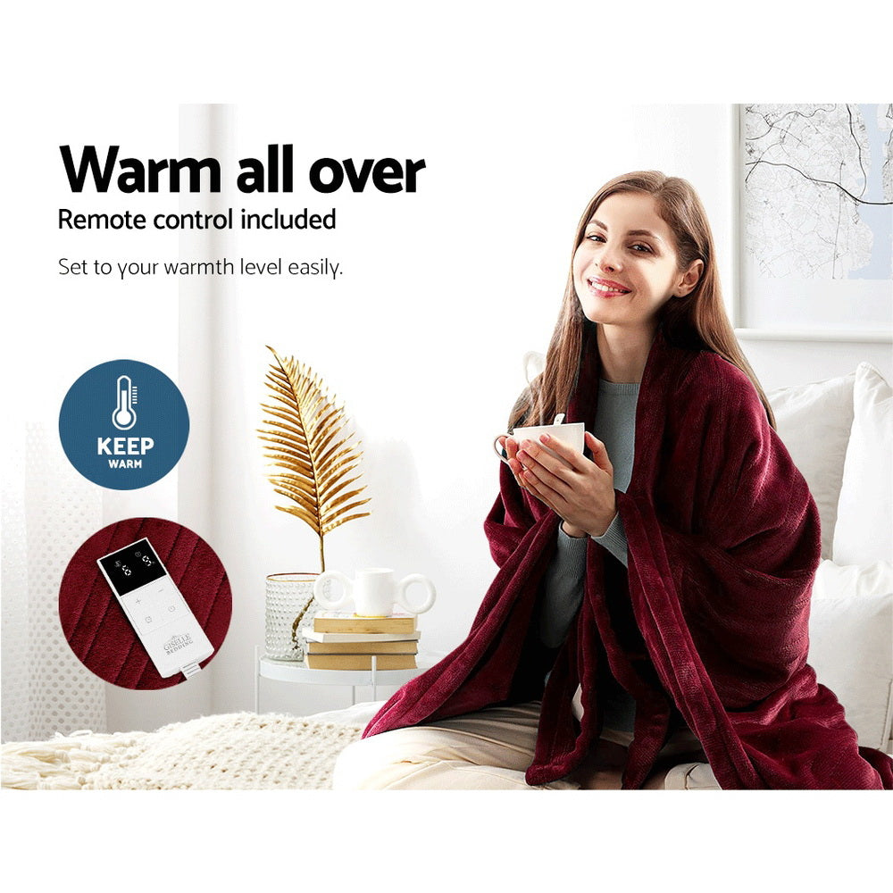Heated Electric Blanket Washable Soft Fleece Winter Throw Red 160 x 130cm Homecoze