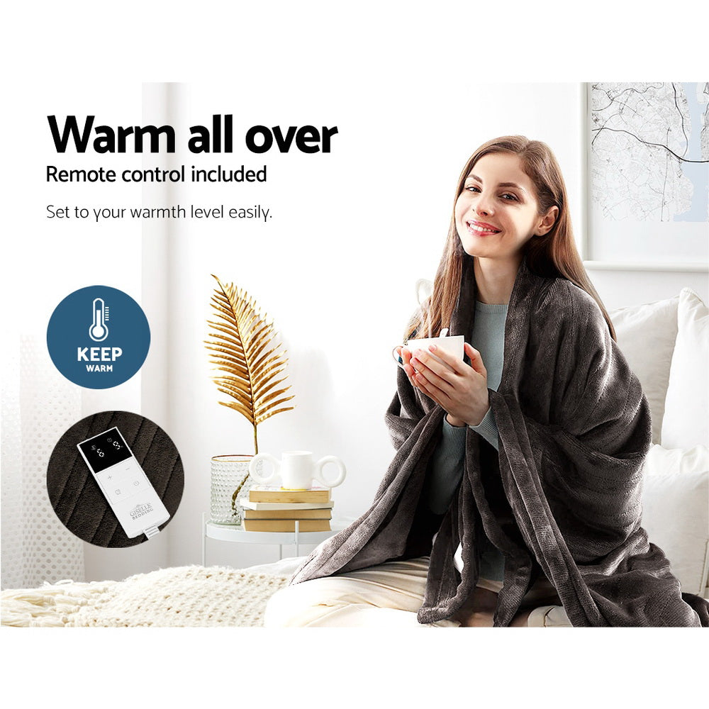 Heated Electric Blanket Washable Soft Fleece Winter Throw Brown 160 x 130cm Homecoze