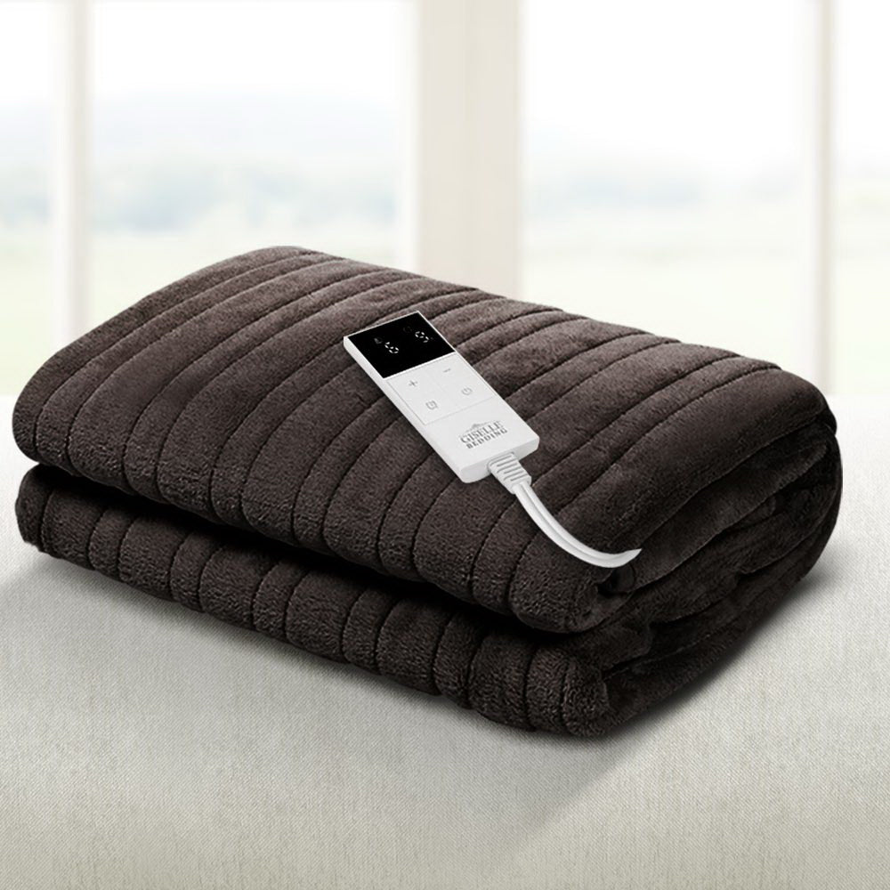 Heated Electric Blanket Washable Soft Fleece Winter Throw Brown 160 x 130cm Homecoze