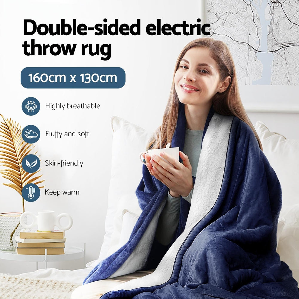 Heated Throw (160x130cm) Flannel/Sherpa Electric Blanket - Blue