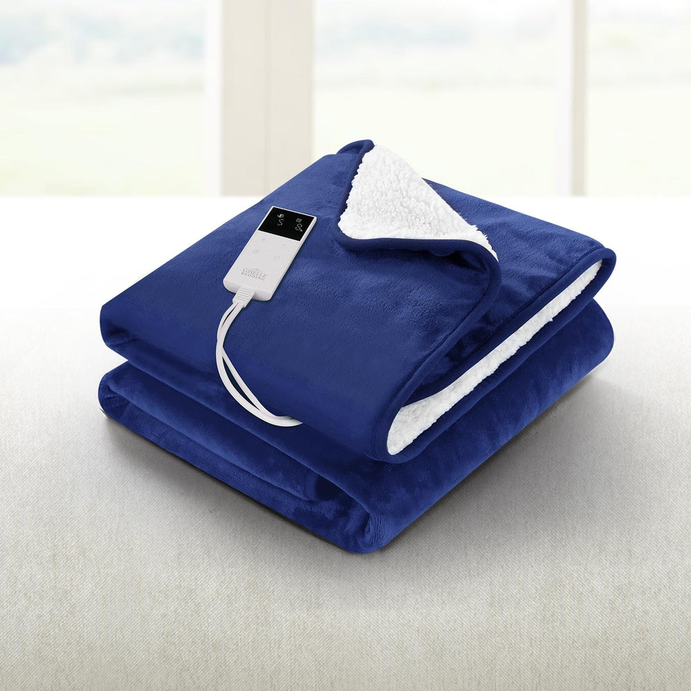 Heated Throw (160x130cm) Flannel/Sherpa Electric Blanket - Blue - Homecoze
