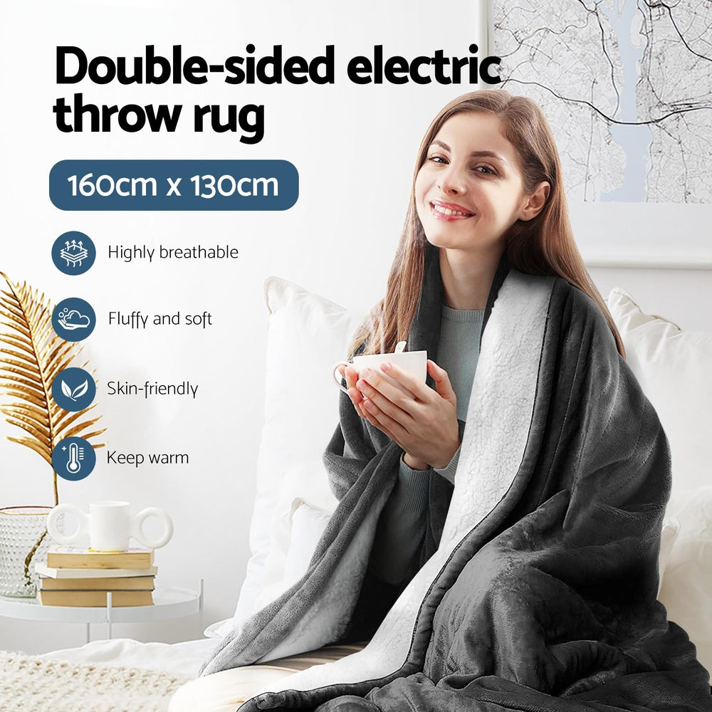 Heated Throw (160x130cm) Flannel/Sherpa Electric Blanket - Grey - Homecoze