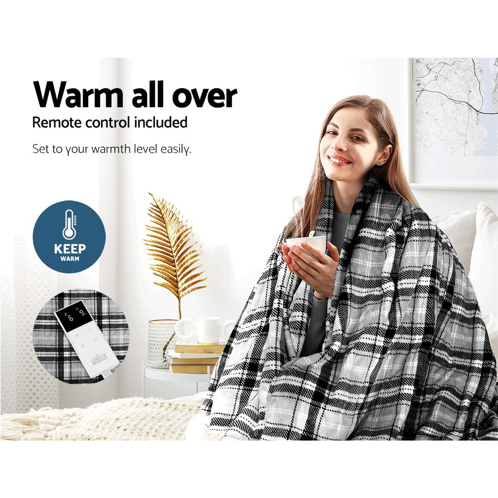 Heated Electric Blanket Washable Soft Fleece Winter Throw Checkered 160 x 130cm Homecoze
