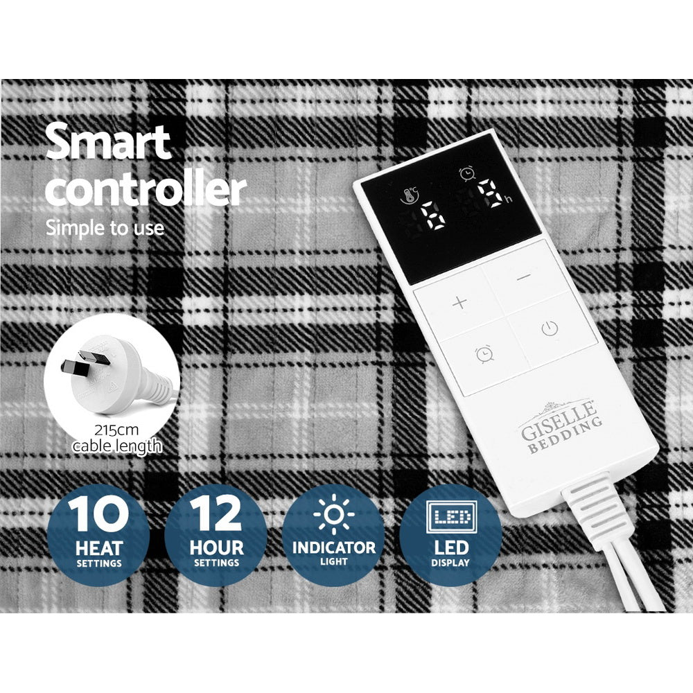 Heated Electric Blanket Washable Soft Fleece Winter Throw Checkered 160 x 130cm Homecoze