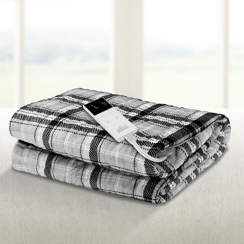 Heated Electric Blanket Washable Soft Fleece Winter Throw Checkered 160 x 130cm Homecoze