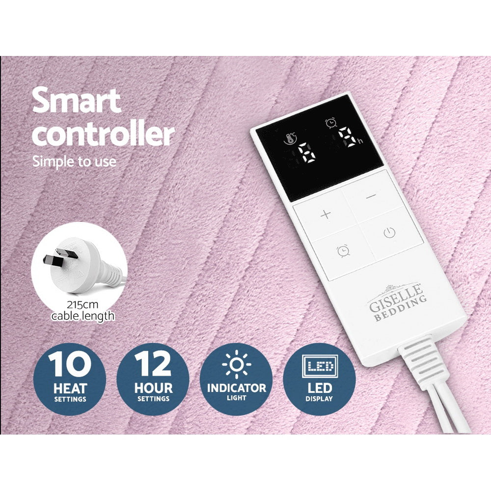 Heated Electric Blanket Washable Soft Fleece Winter Throw Pink 160 x 130cm Homecoze