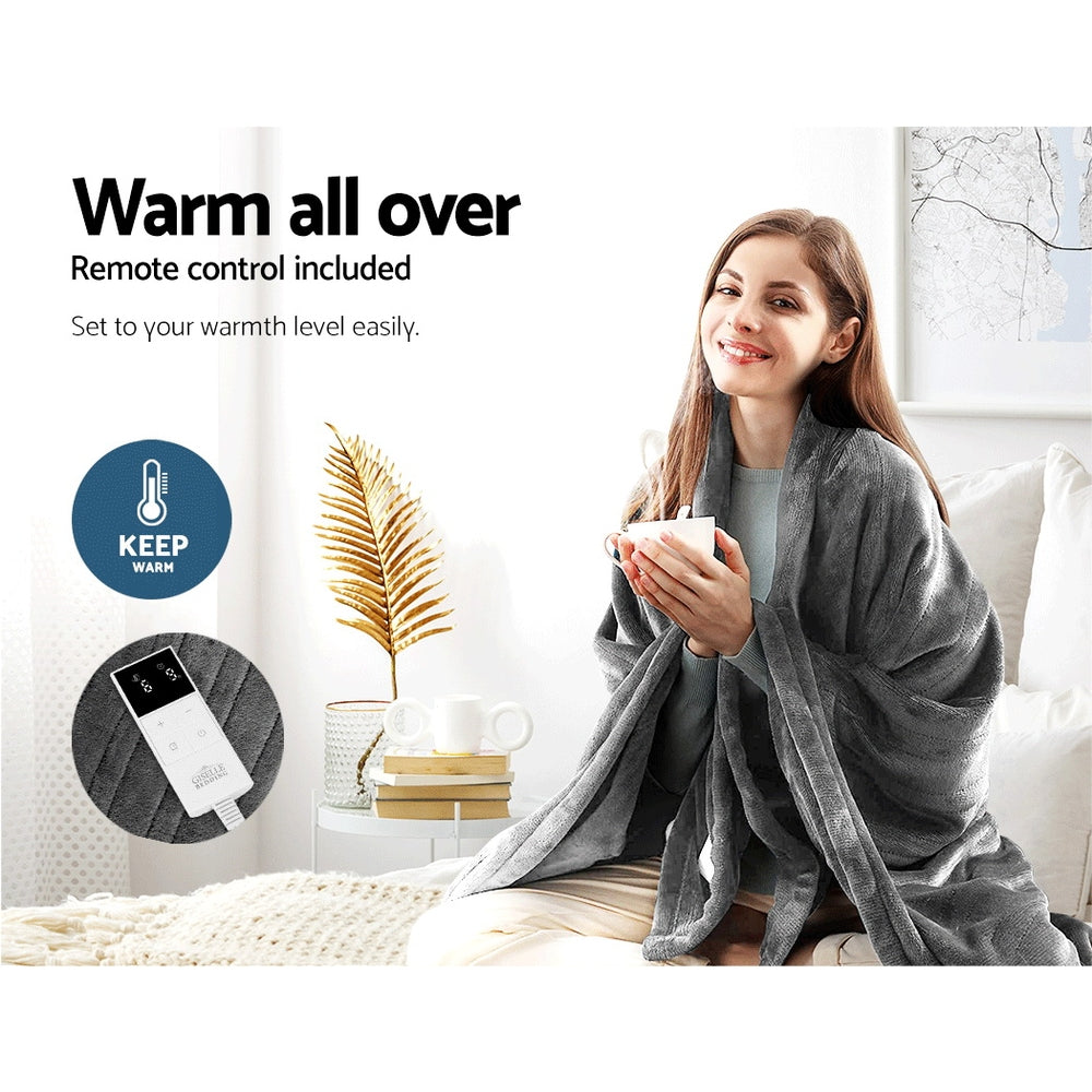 Heated Electric Blanket Washable Soft Fleece Winter Throw Grey 160 x 130cm Homecoze