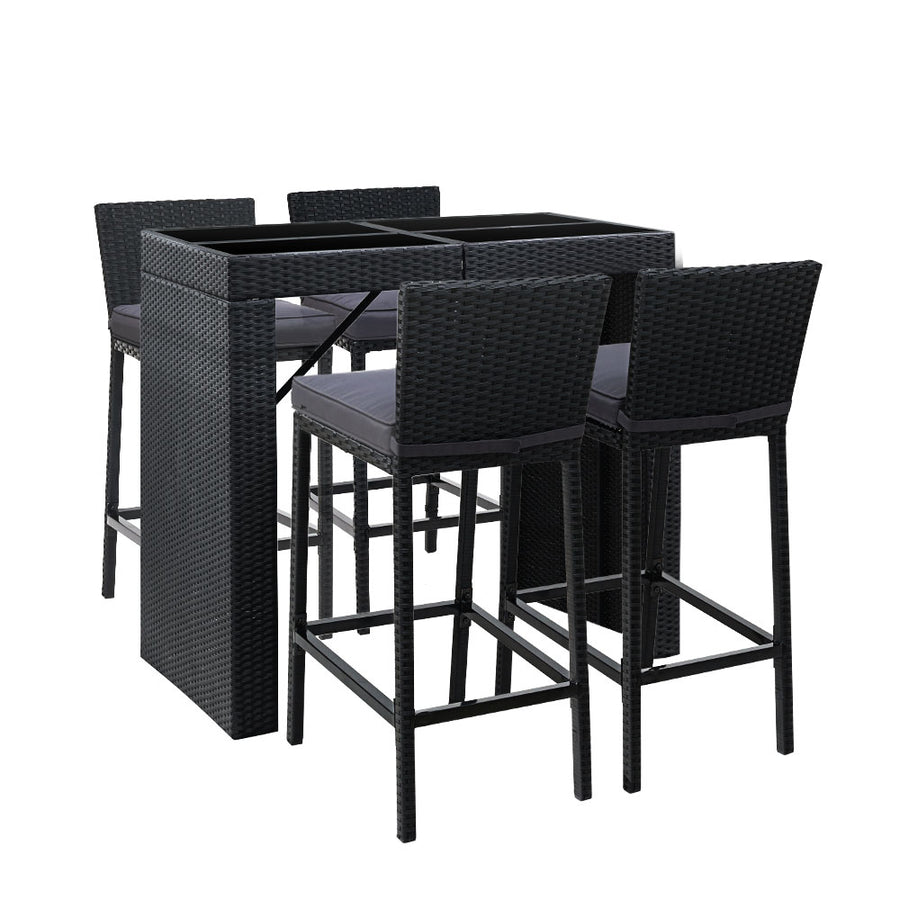 5 Piece Outdoor Wicker Bar Table Dining Set - Black Homecoze