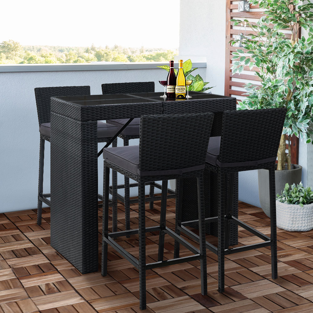 5 Piece Outdoor Wicker Bar Table Dining Set - Black Homecoze