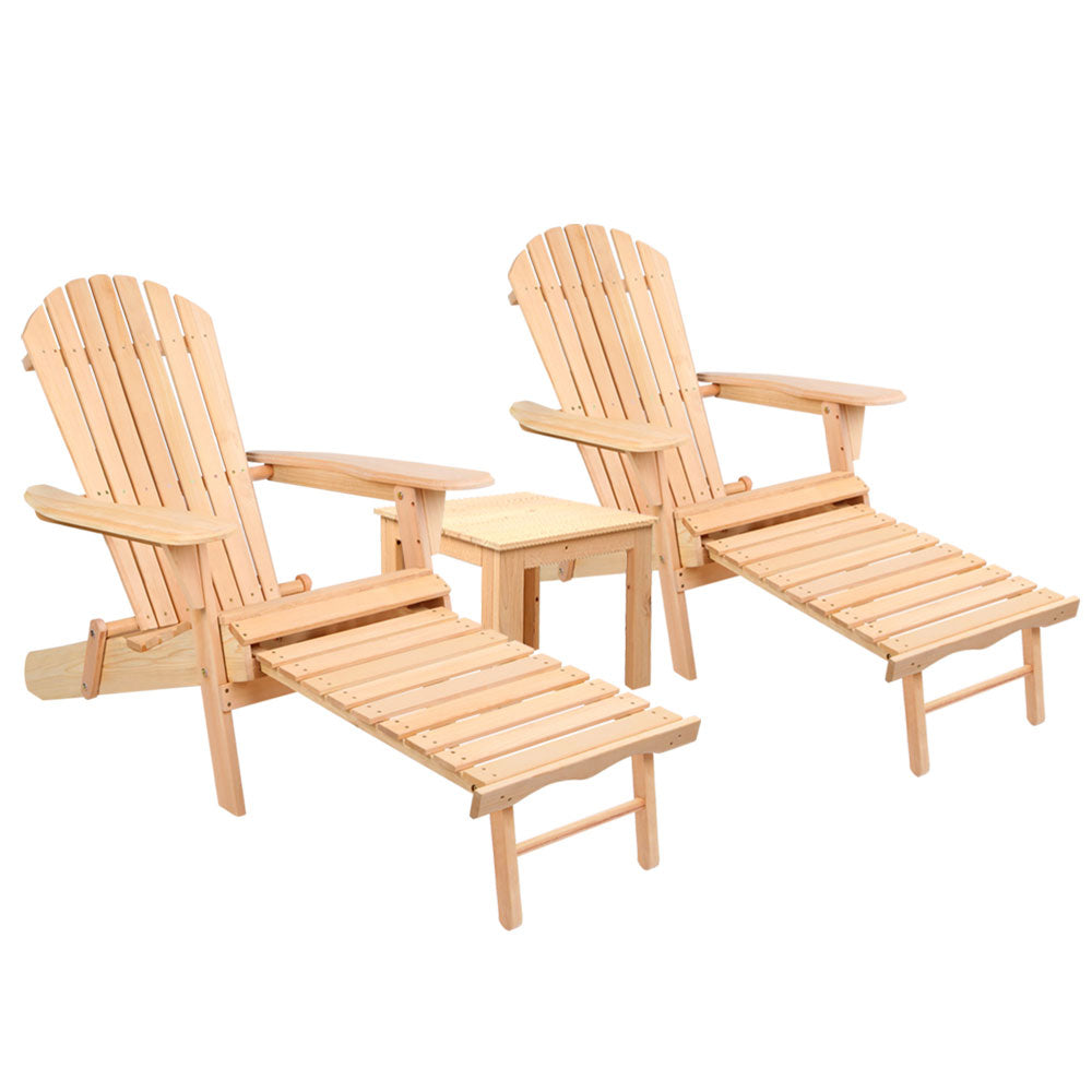 3PC Adirondack Foldable Outdoor Armchairs with Leg Rest - Natural - Homecoze