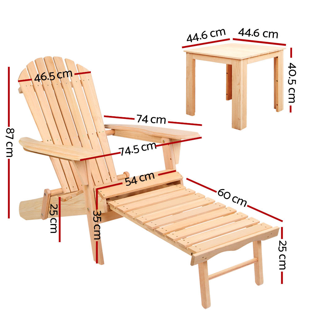 Adirondack Foldable Beach Chair 3 Piece Sun Lounge with Footrest & Table Set - Natural Homecoze