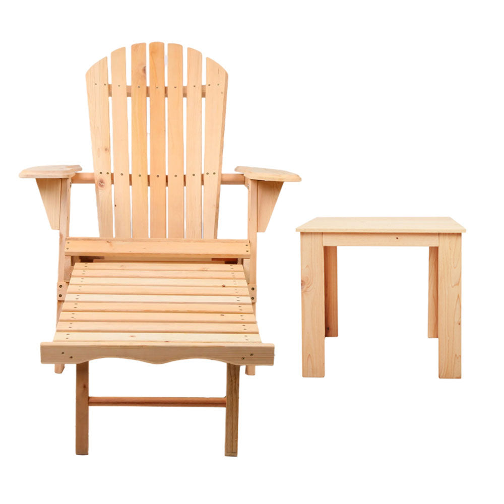 Adirondack Foldable Beach Chair 3 Piece Sun Lounge with Footrest & Table Set - Natural Homecoze