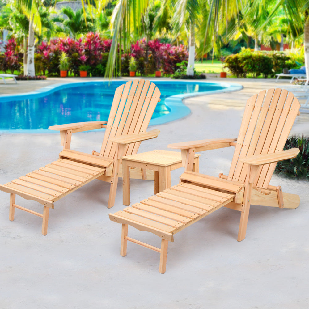 3PC Adirondack Foldable Outdoor Armchairs with Leg Rest - Natural - Homecoze