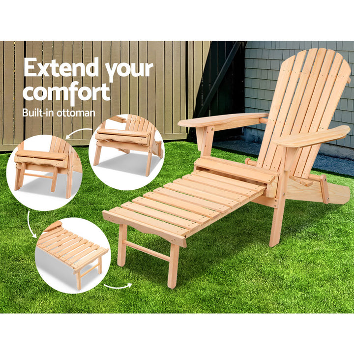 Adirondack Foldable Beach Chair 3 Piece Sun Lounge with Footrest & Table Set - Natural Homecoze