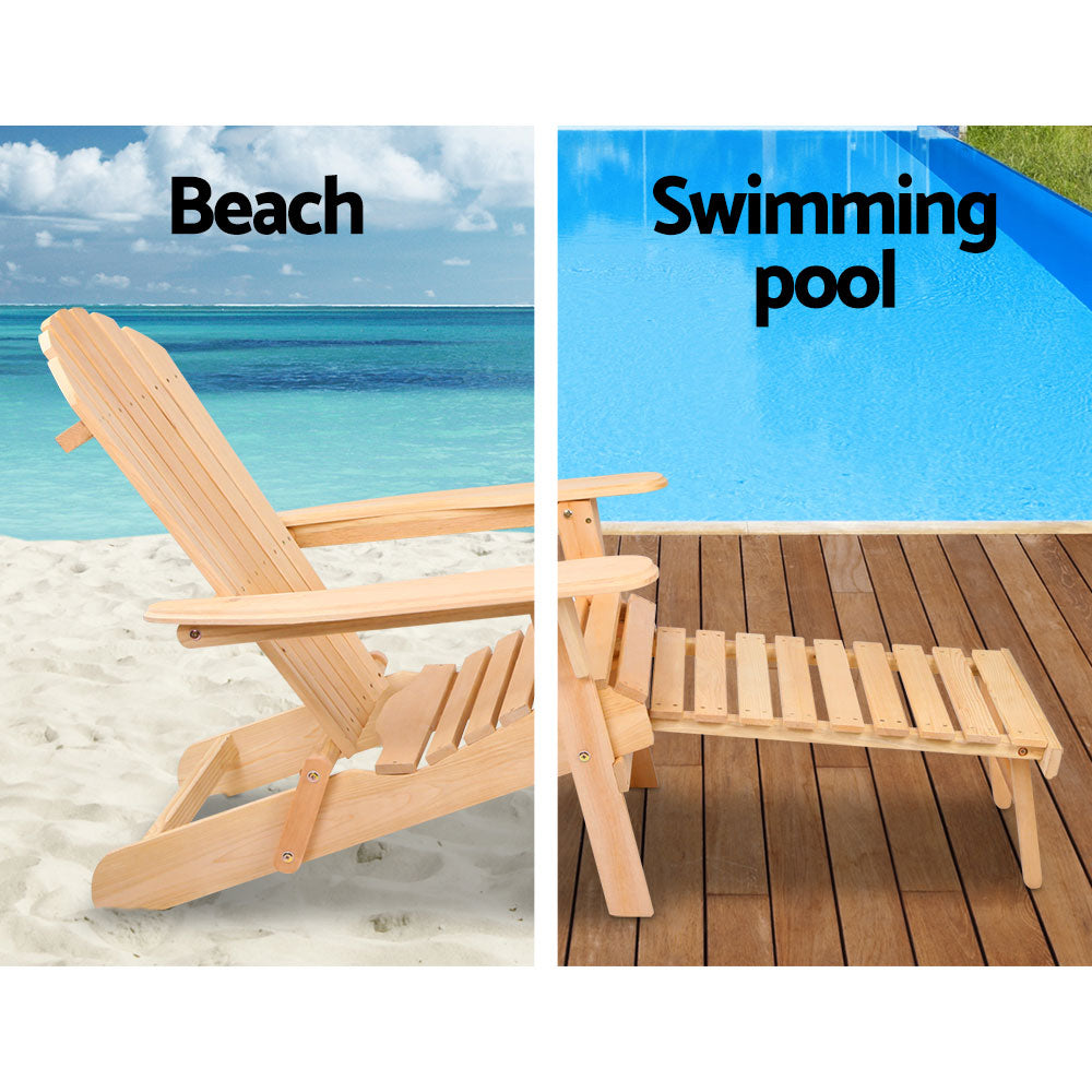 3PC Adirondack Foldable Outdoor Armchairs with Leg Rest - Natural - Homecoze