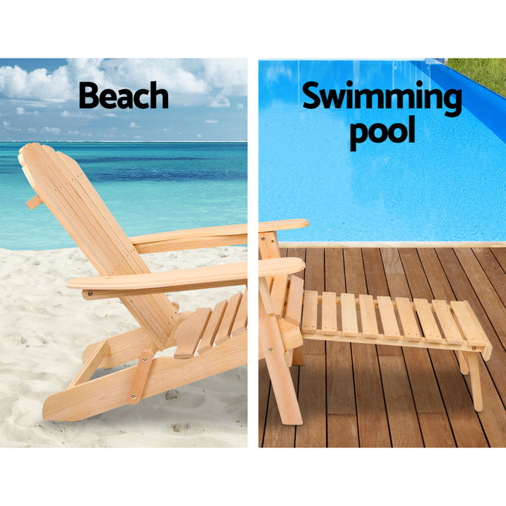 Adirondack Foldable Beach Chair 3 Piece Sun Lounge with Footrest & Table Set - Natural Homecoze