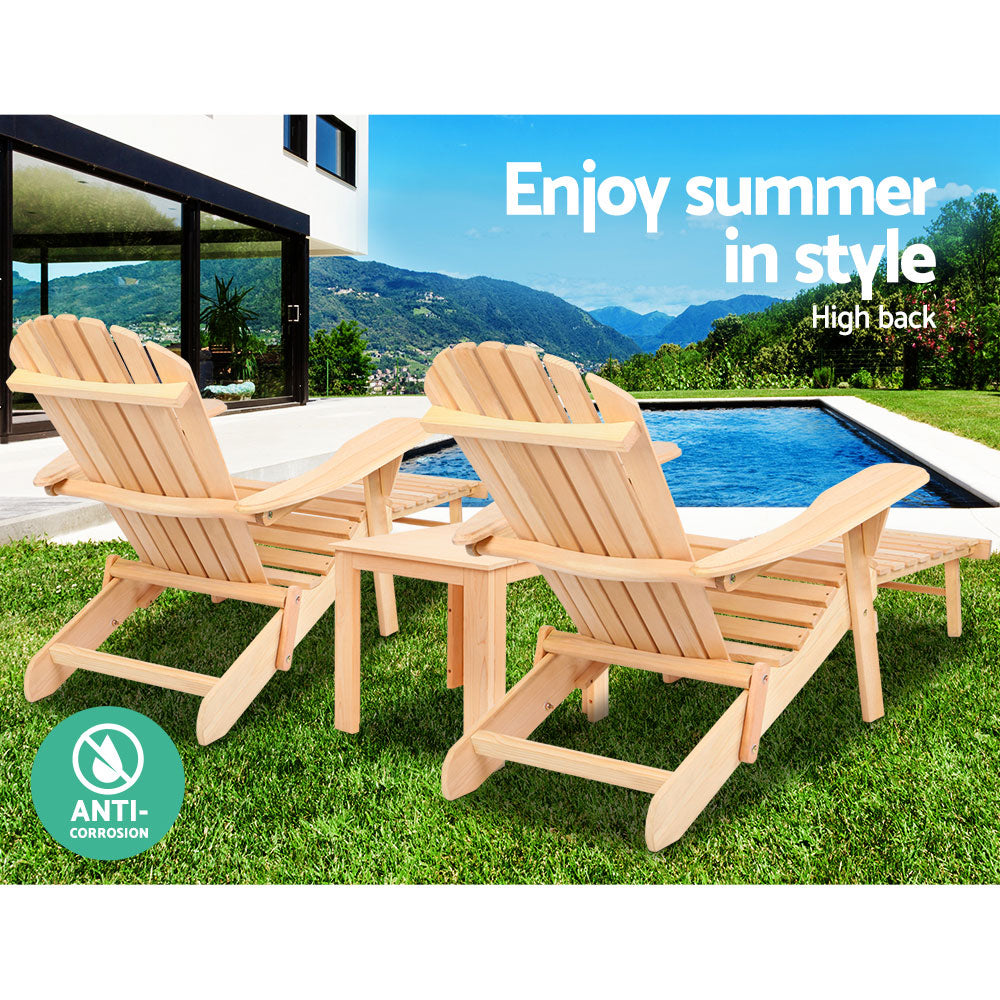 3PC Adirondack Foldable Outdoor Armchairs with Leg Rest - Natural - Homecoze
