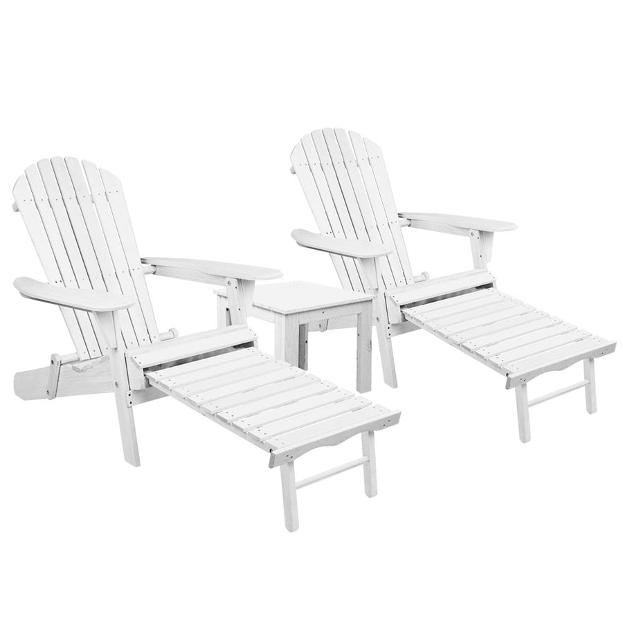 Adirondack Foldable Beach Chair 3 Piece Sun Lounge with Footrest & Table Set - White Homecoze