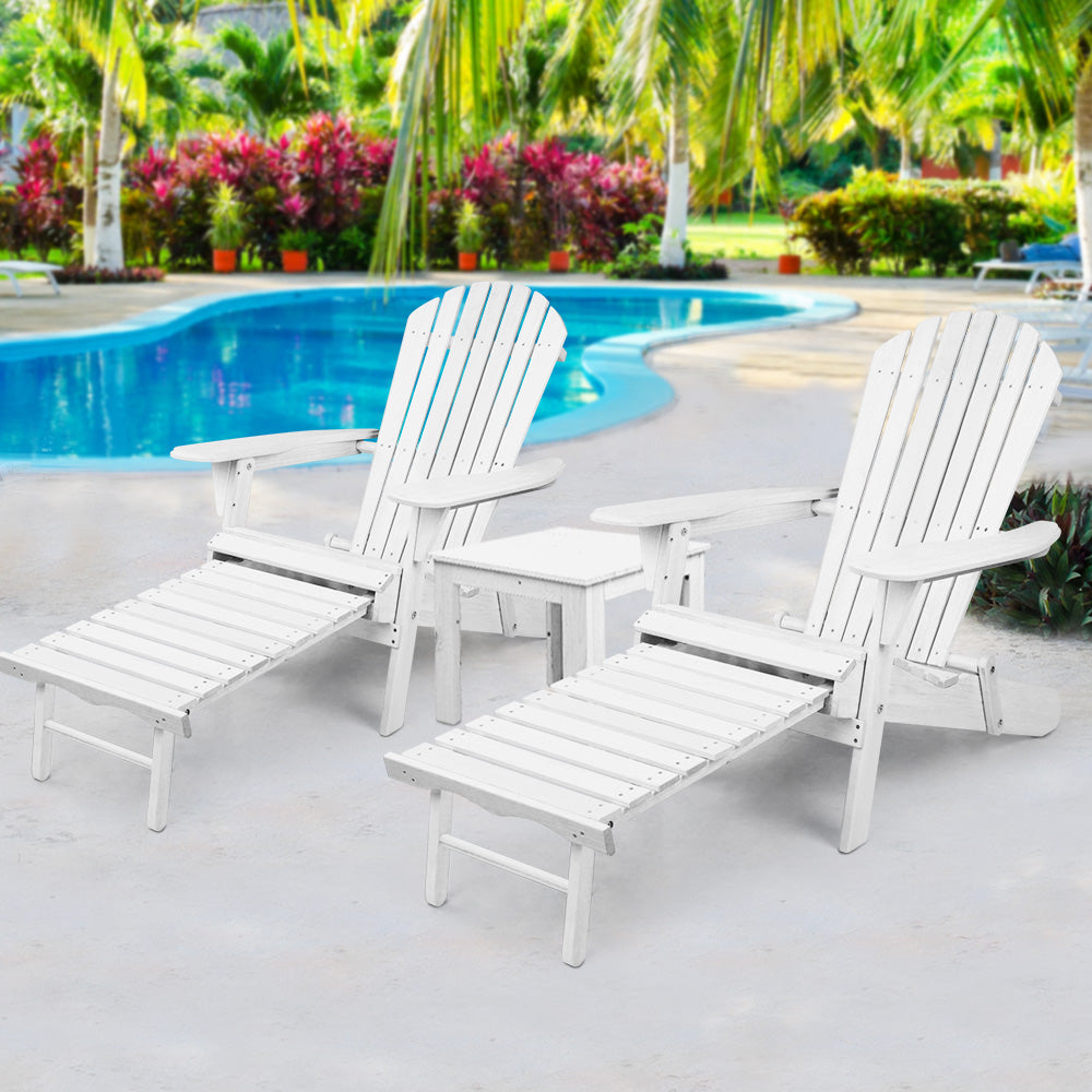 3PC Adirondack Foldable Outdoor Armchairs with Leg Rest - White - Homecoze