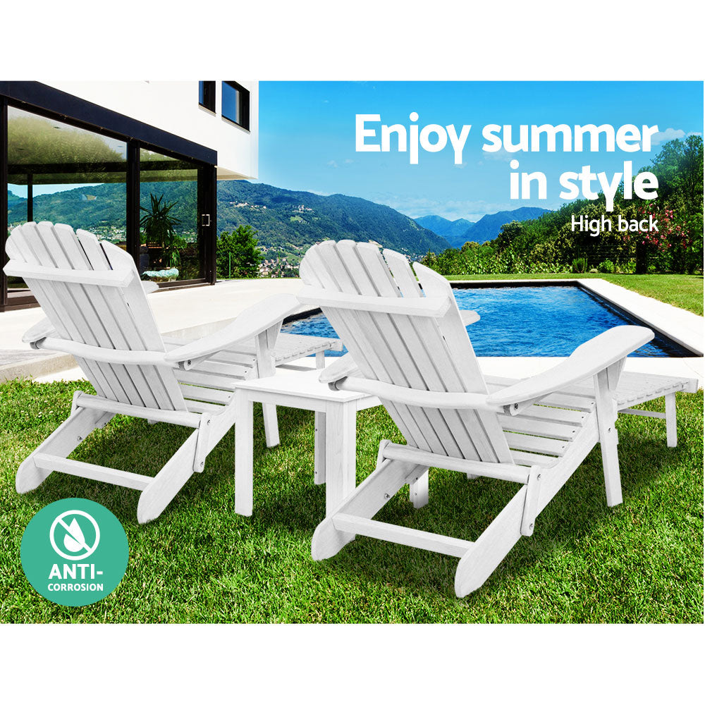 3PC Adirondack Foldable Outdoor Armchairs with Leg Rest - White - Homecoze