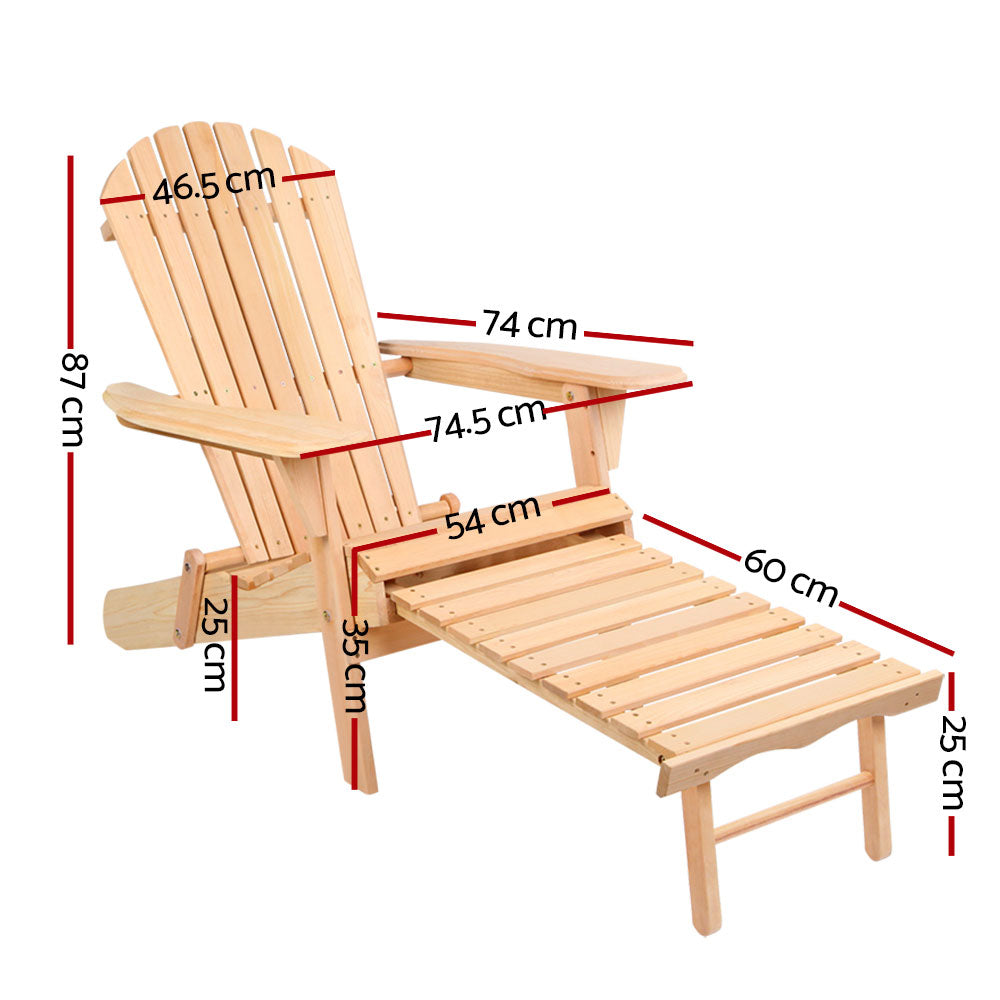 Adirondack Foldable Outdoor Armchair with Leg Rest - Natural - Homecoze