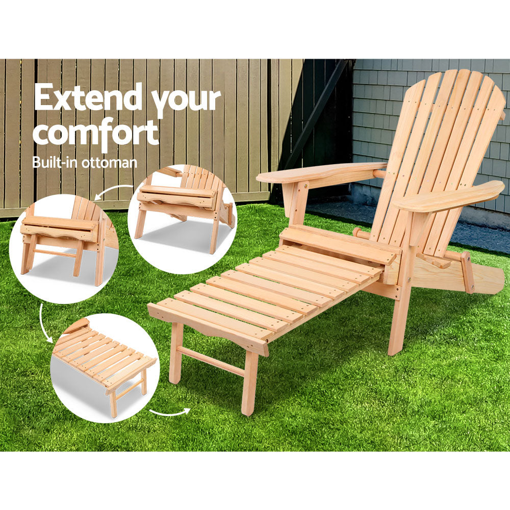 Set of 2 Adirondack Foldable Outdoor Armchairs with Leg Rest - Natural - Homecoze