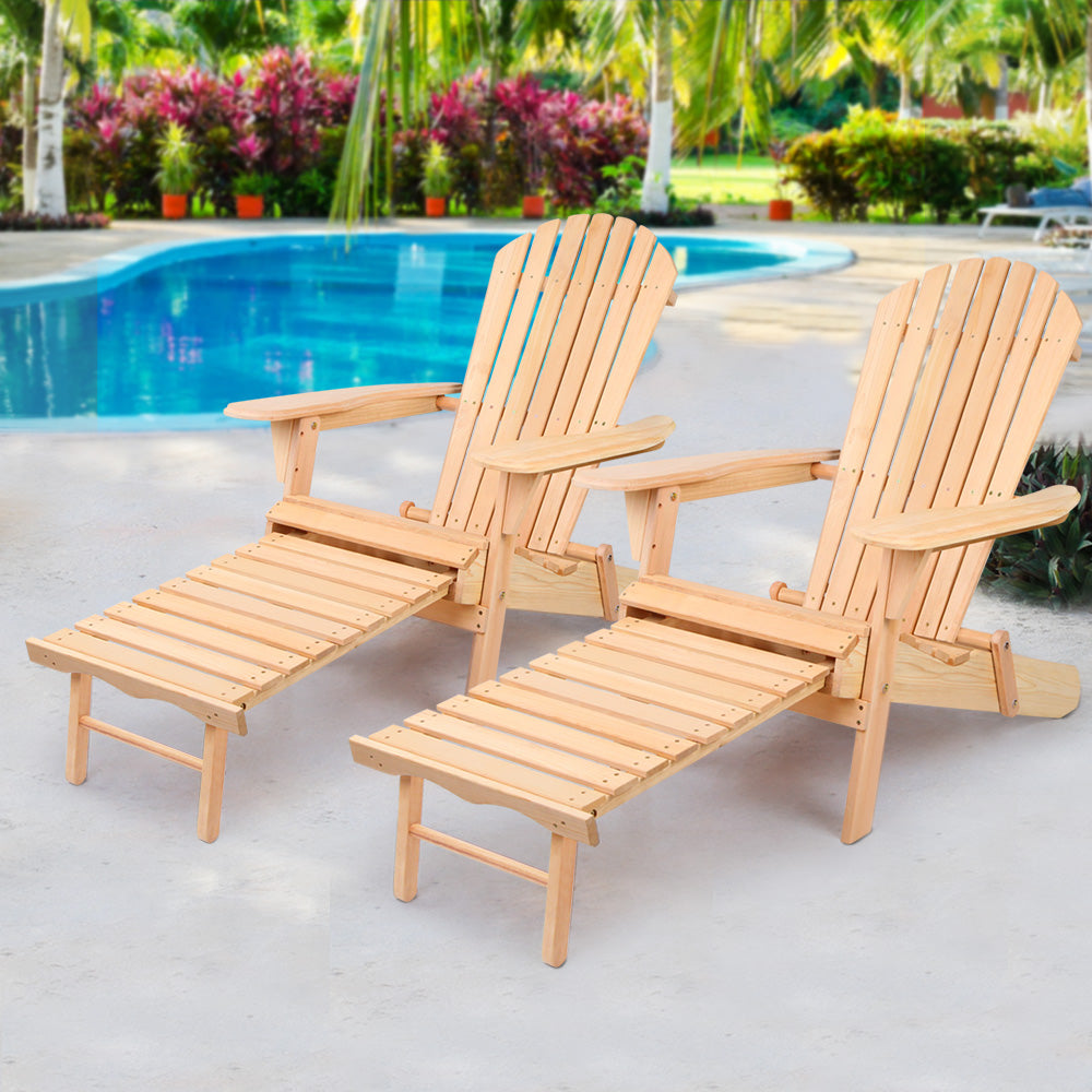 Set of 2 Adirondack Foldable Outdoor Armchairs with Leg Rest - Natural - Homecoze