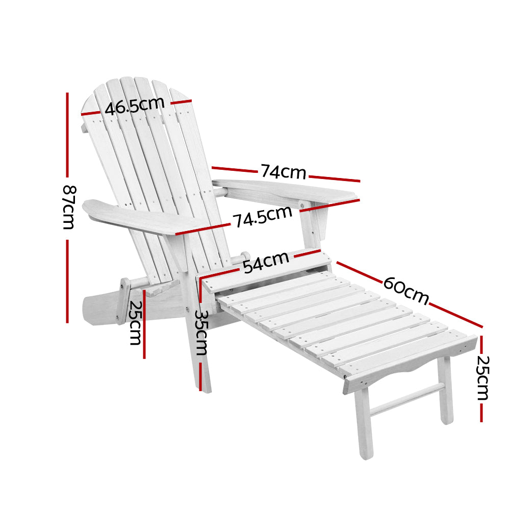 Set of 2 Adirondack Foldable Outdoor Armchairs with Leg Rest - White - Homecoze