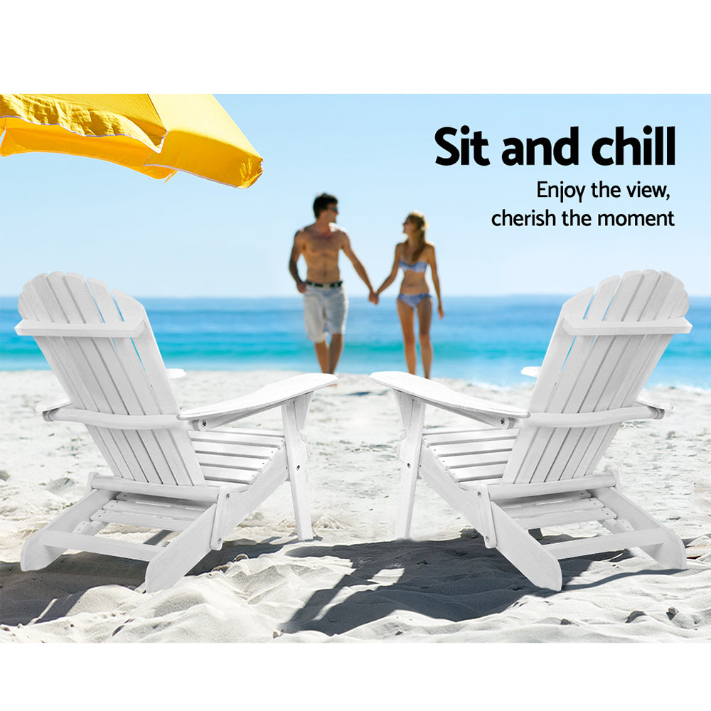 Set of 2 Adirondack Foldable Outdoor Armchairs with Leg Rest - White - Homecoze