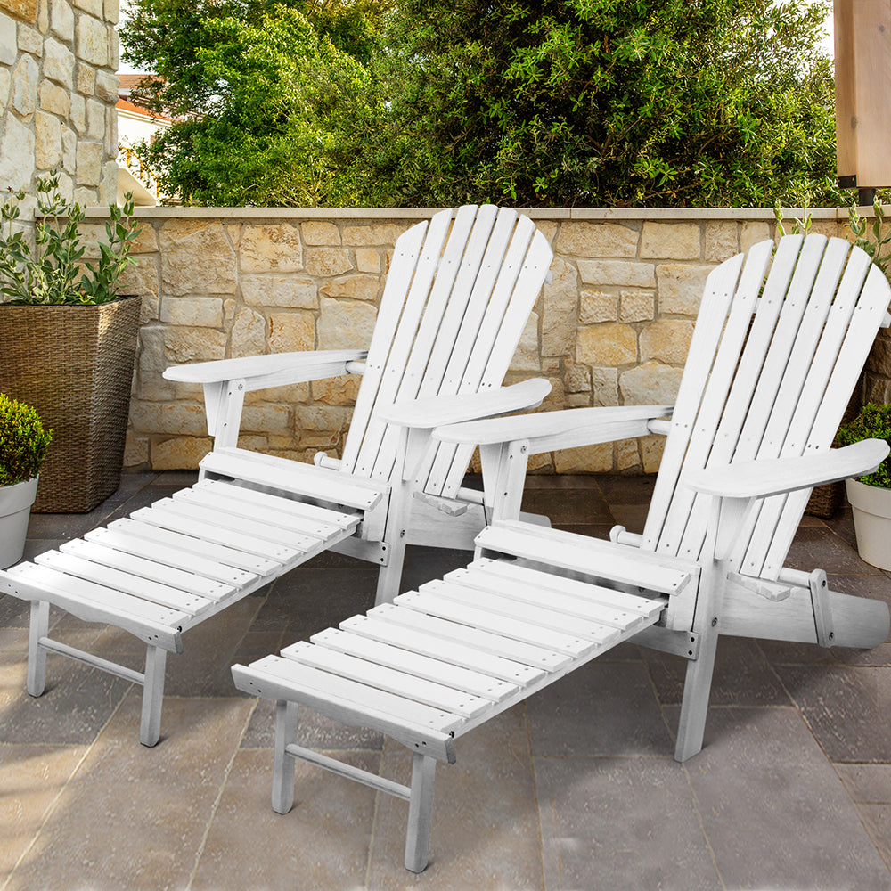 Set of 2 Adirondack Foldable Outdoor Armchairs with Leg Rest - White - Homecoze