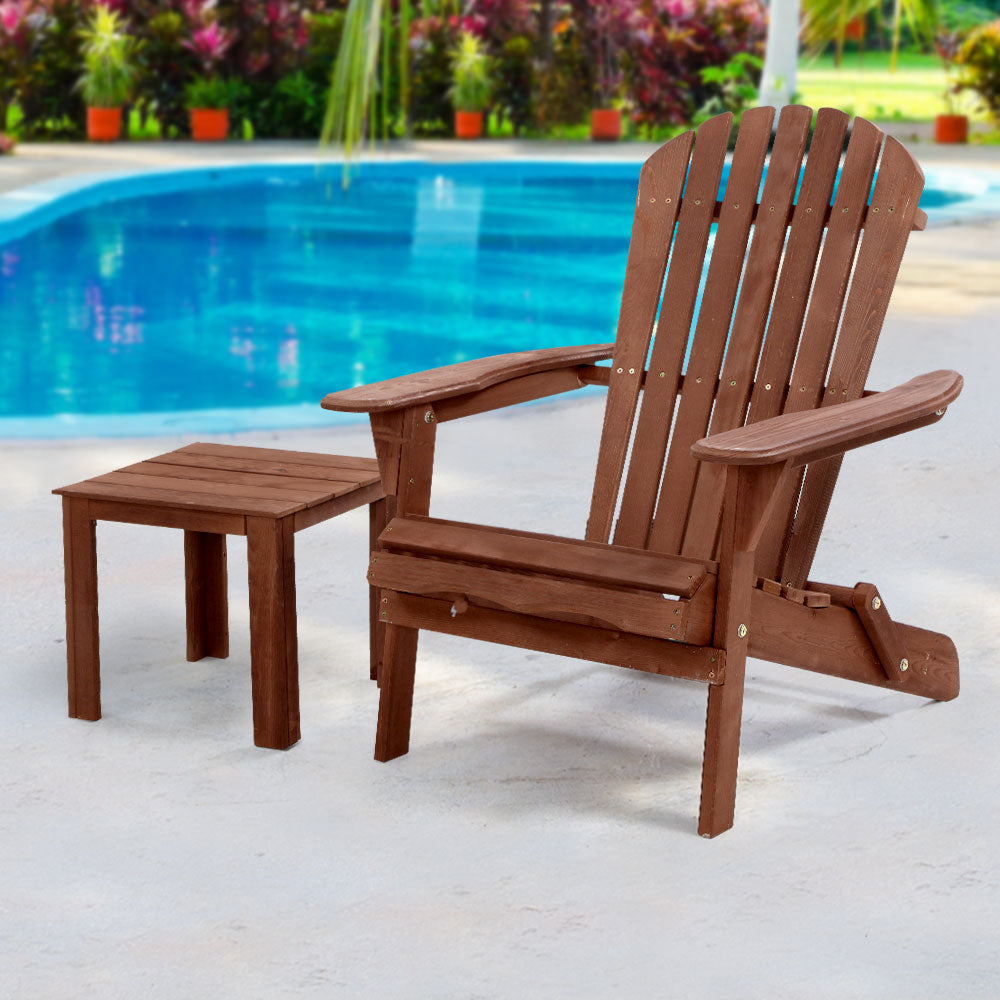 Adirondack Foldable Single Beach Chair Sun Lounge & Table Set - Brown Homecoze