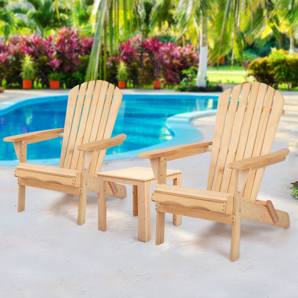 Adirondack Foldable 3 Piece Beach Chair Sun Lounge & Table Set - Natural Homecoze