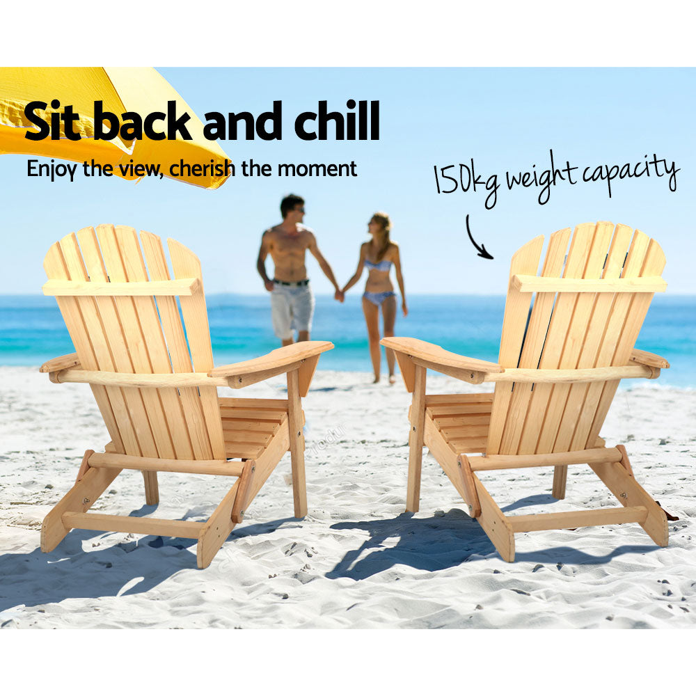 Adirondack Foldable 3 Piece Beach Chair Sun Lounge & Table Set - Natural Homecoze