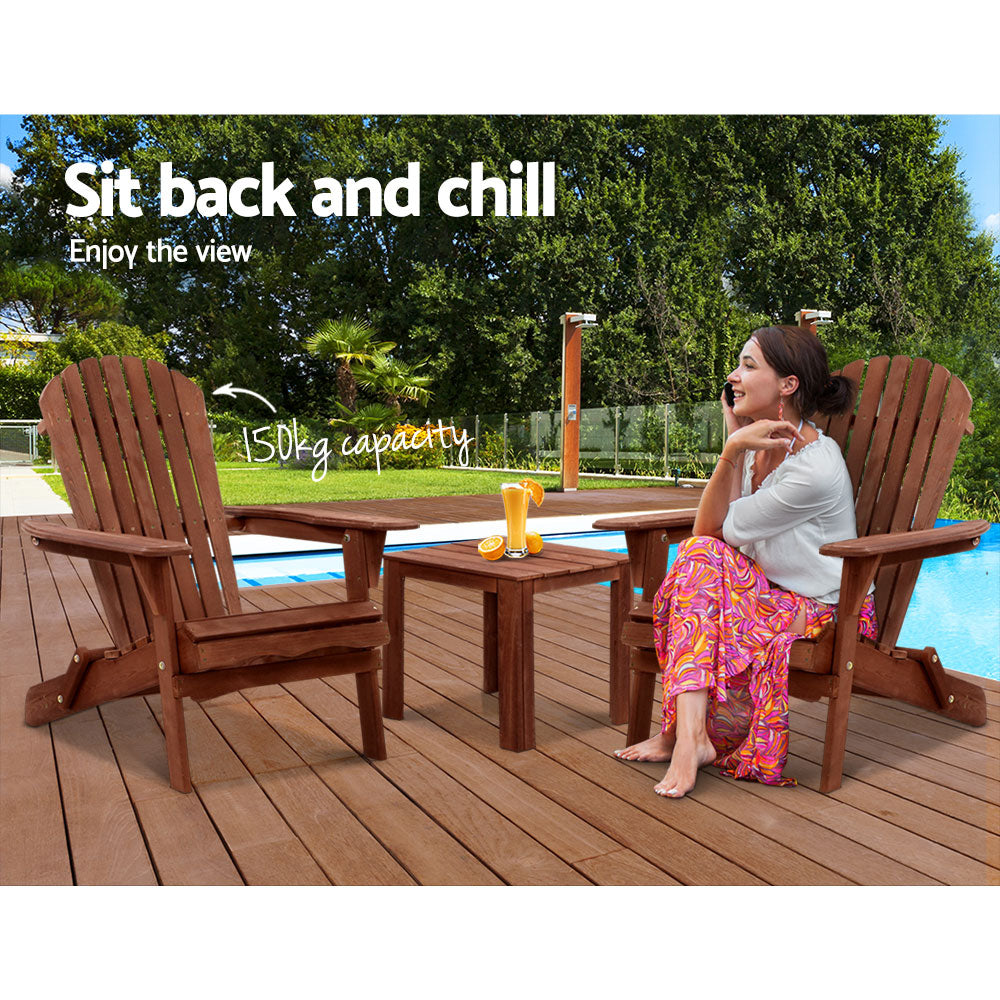 Adirondack Foldable Beach 3 Piece Chair Sun Lounge & Table Set - Brown Homecoze