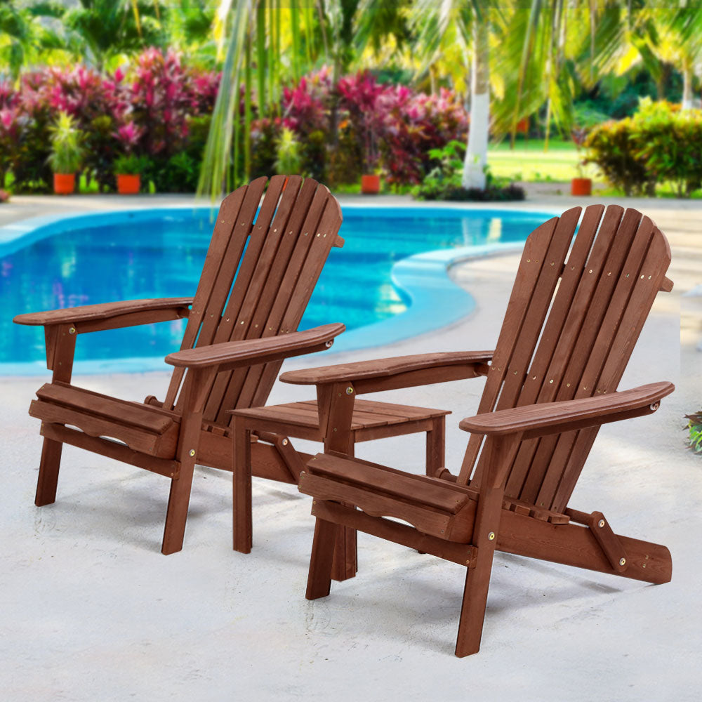Adirondack Foldable Beach 3 Piece Chair Sun Lounge & Table Set - Brown Homecoze