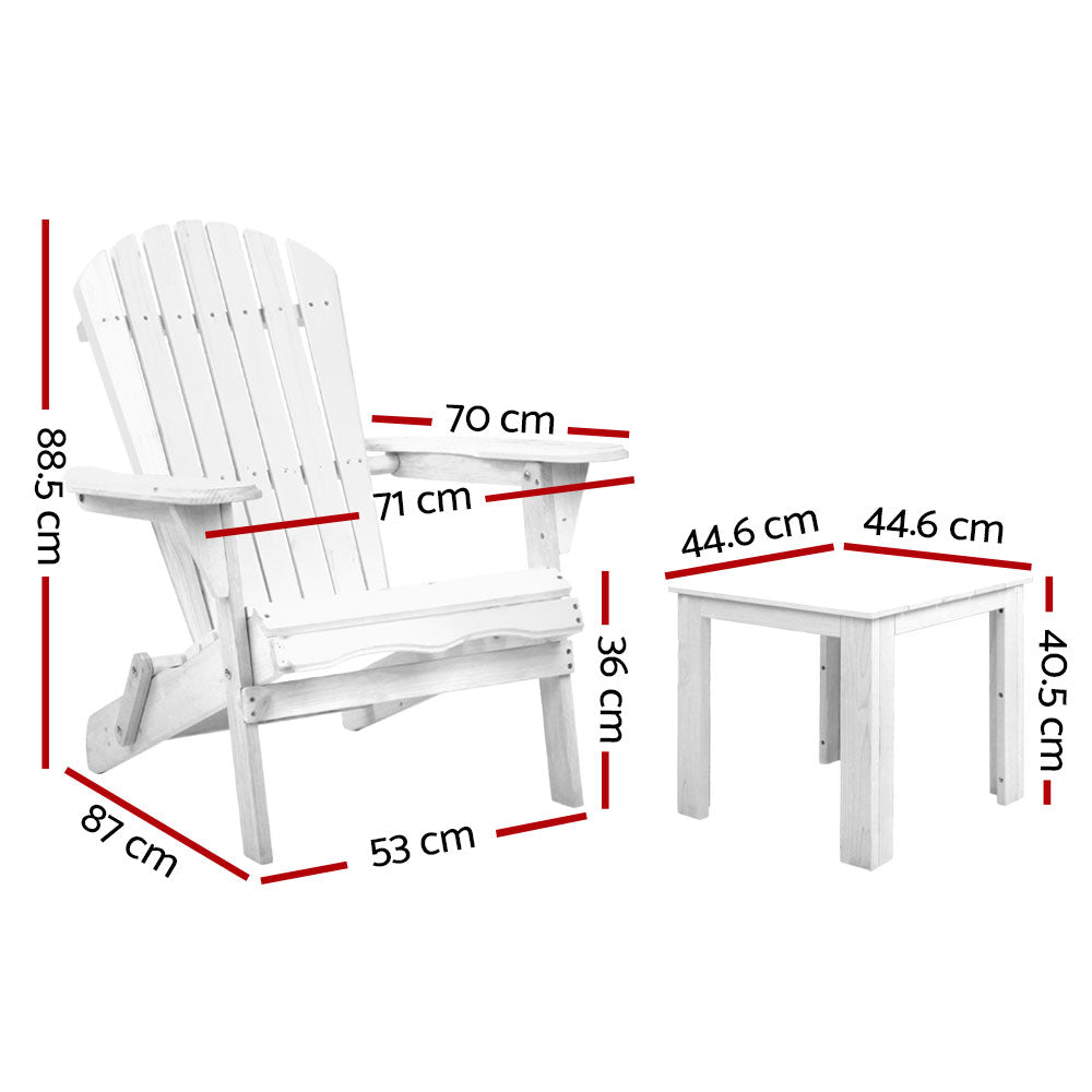 Adirondack Foldable Beach Chair 3 Piece Sun Lounge with Table Set - White Homecoze